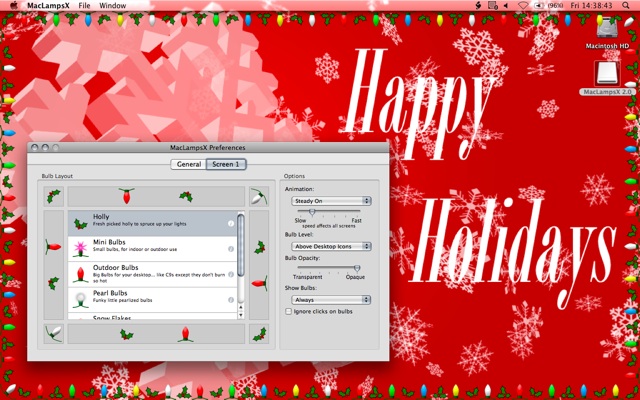 Screenshot of MacLampsX drawing holiday lights around the border of the Mac OS desktop