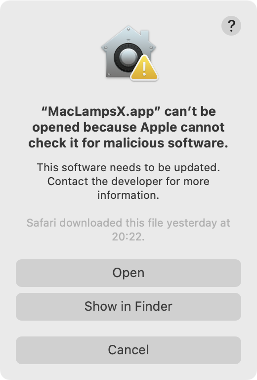 Screenshot of approval dialog to open an un-notarized app